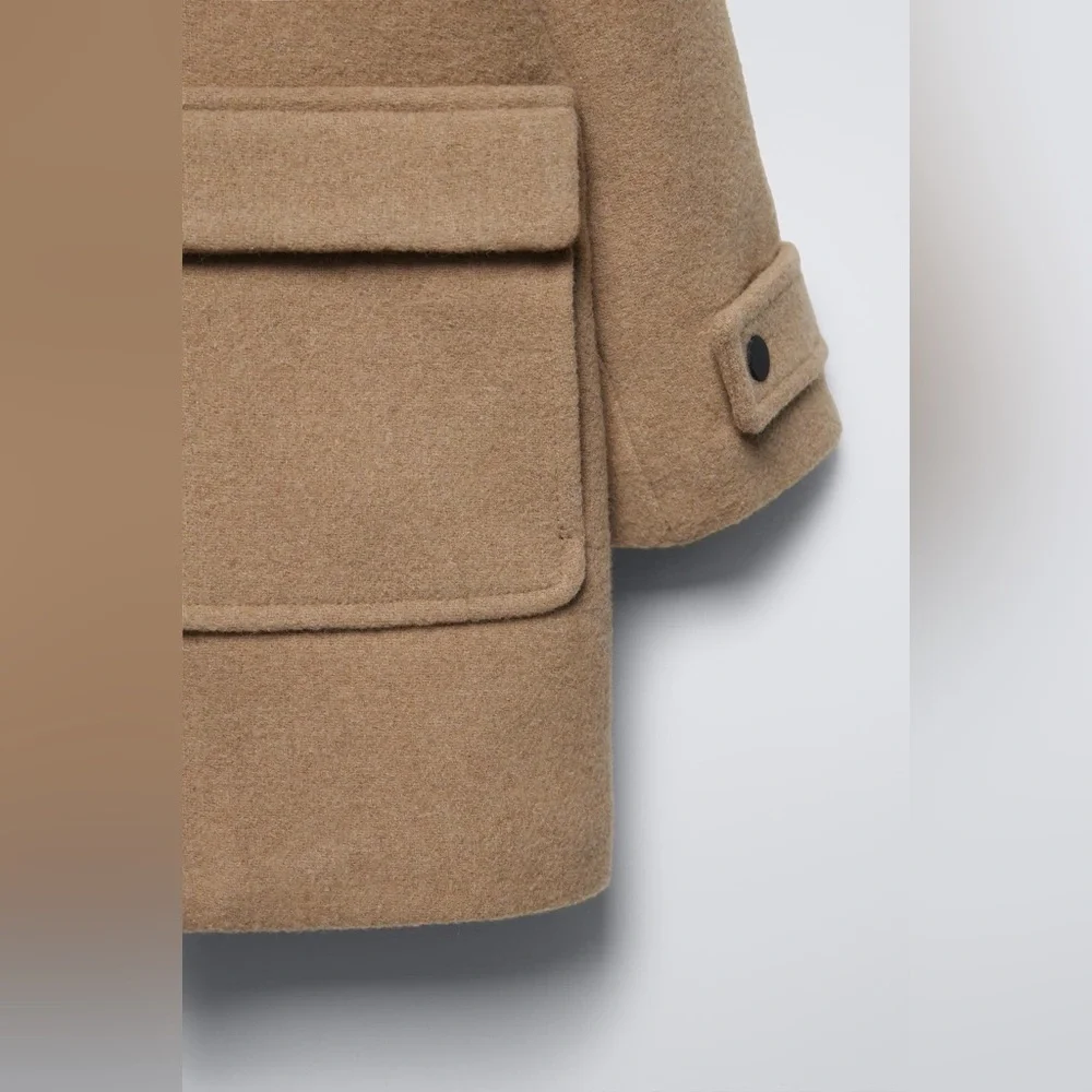 Zara Kids Light Brown Wool Blend Hooded Coat with Faux Fur Trim. Size 13-14.